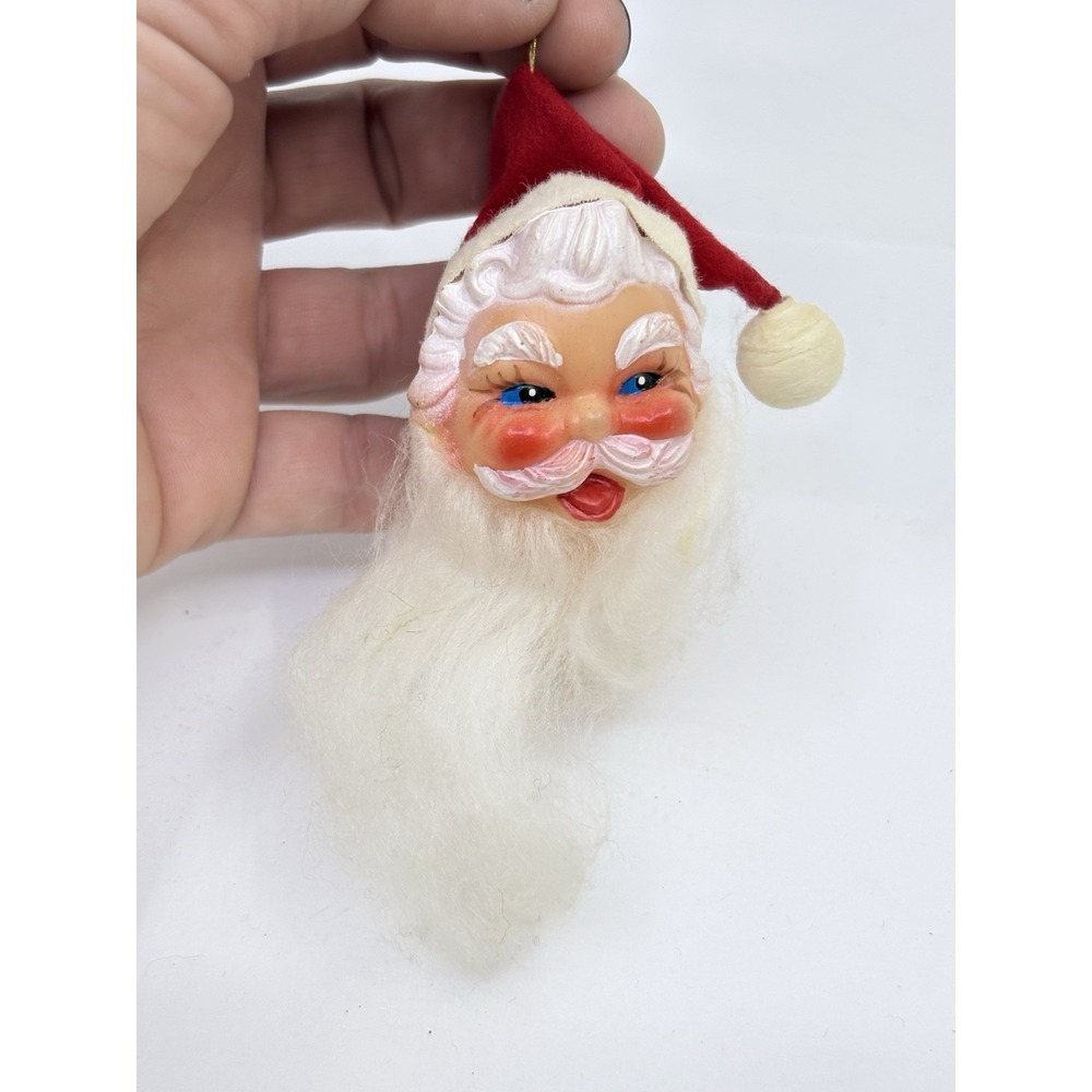 Vintage 60s Red Felt Hat Hard Plastic Santaβ Claus Head Christmas Ornament